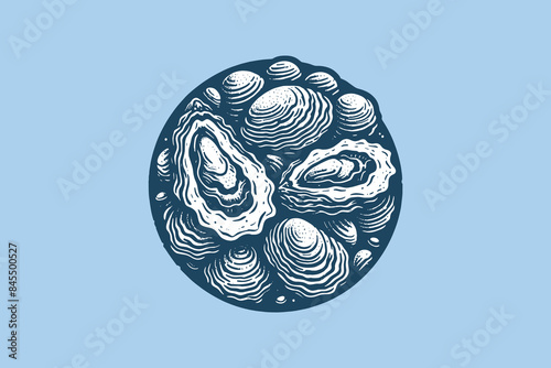 Oysters. vintage blue engraving illustration. isolated object. Icon, logo, emblem.