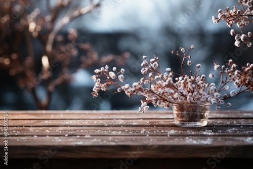 A rustic wooden table duste...
