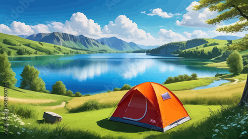 a painting of a tent in the grass near a lake