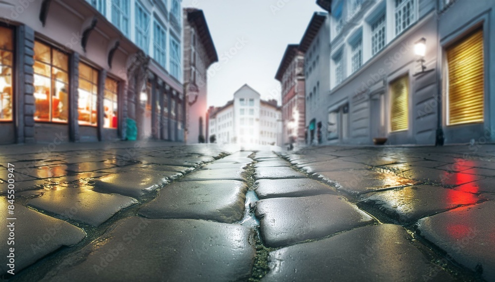 The stone cobblestone street, wet from recent rain, gleams in the light of the street lamps The stone cobblestone street, wet from recent rain, gleams in the light of the street lamps