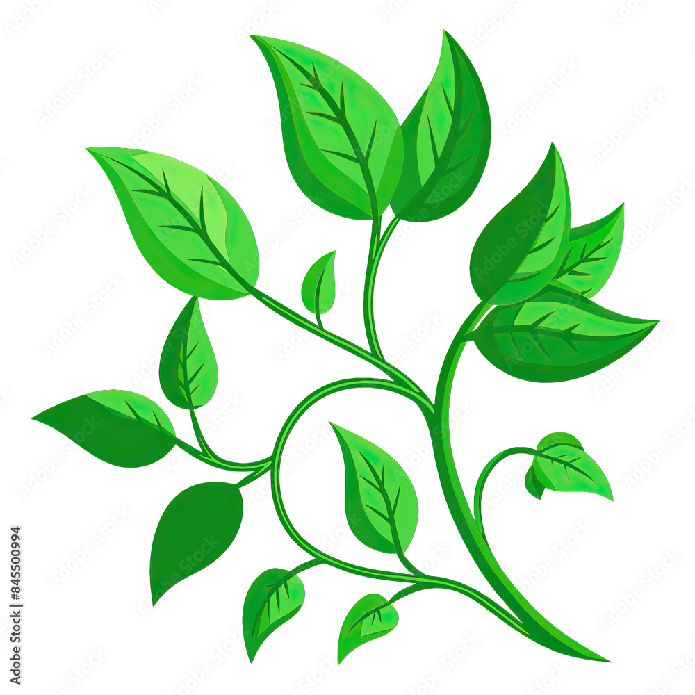 Obraz premium A single branch of a vine with green leaves isolated on a white background. The leaves are lush and vibrant, with a detailed texture. The vine is depicted in a simple, stylized manner, perfect for des