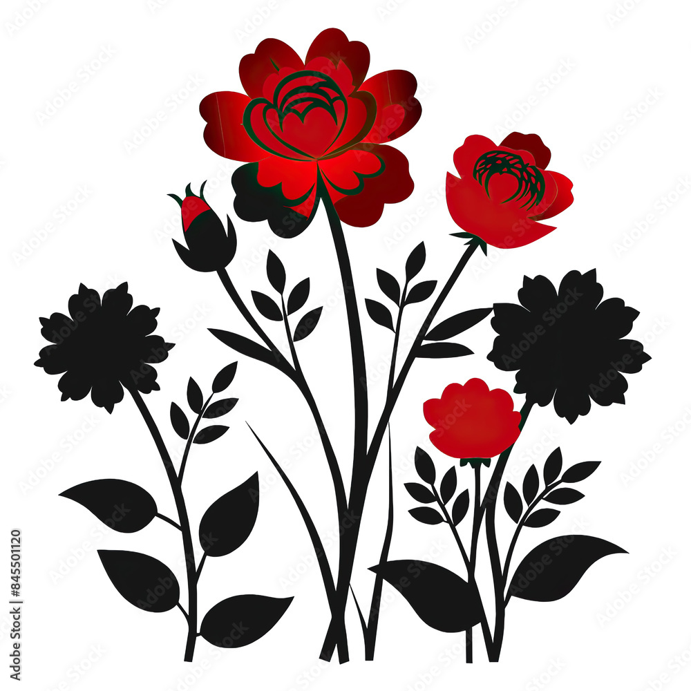 A digital illustration of red roses and black flowers on a white background. Generative AI A digital illustration of red roses and black flowers on a white background. Generative AI