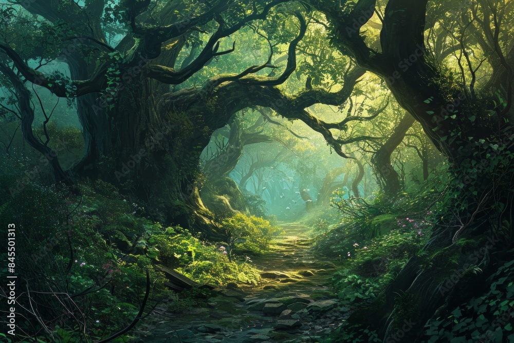A mystical foggy forest with ancient trees covered in lush moss. A mystical foggy forest with ancient trees covered in lush moss.