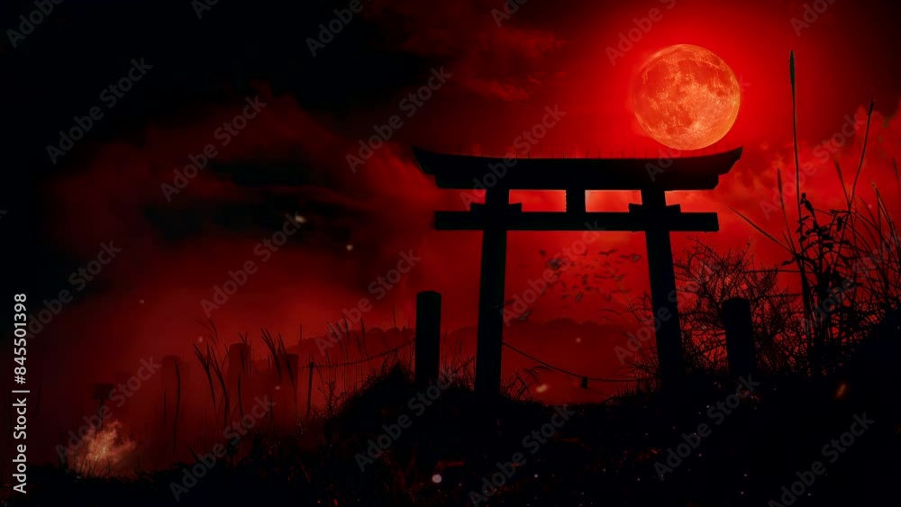 Vermilion Vistas: Torii Gates Offering a Breathtaking View of the Ruby-Tinted Skies. Seamless looping time-lapse virtual 4k video animation background