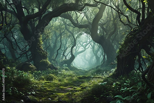 A mystical foggy forest wit...