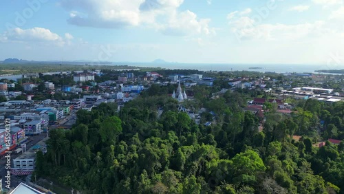 krabi town with Monastery temple on hill. Fabulous aerial view flight drone photo