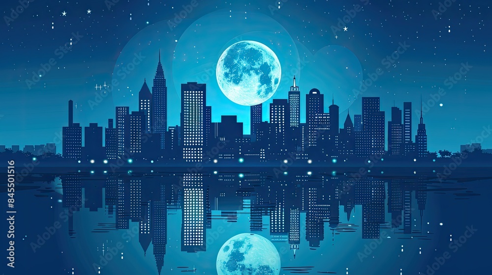 Obraz premium Night sky and moon reflection in water city silhouette vector cityscape illustration