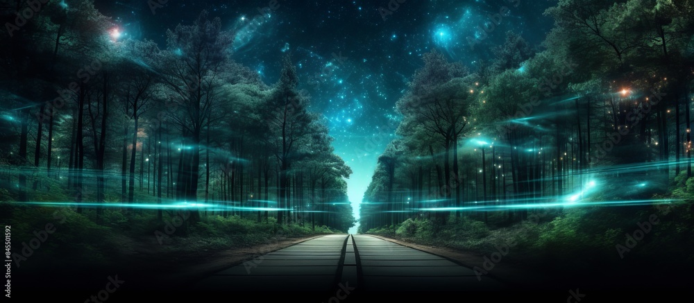 A dark and winding road disappears into a dense forest at night.
