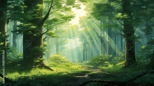 Sun Rays Through Forest Canopy Tranquil Woodland Scene