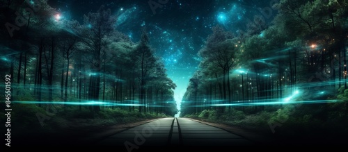 A dark and winding road disappears into a dense forest at night.