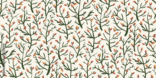 Leaf and sprig vector seamless border. Banner with autumn leaves and stems. Pretty color design. Scattered sprigs and leaves dense texture. Decorative botanical design for web, blog