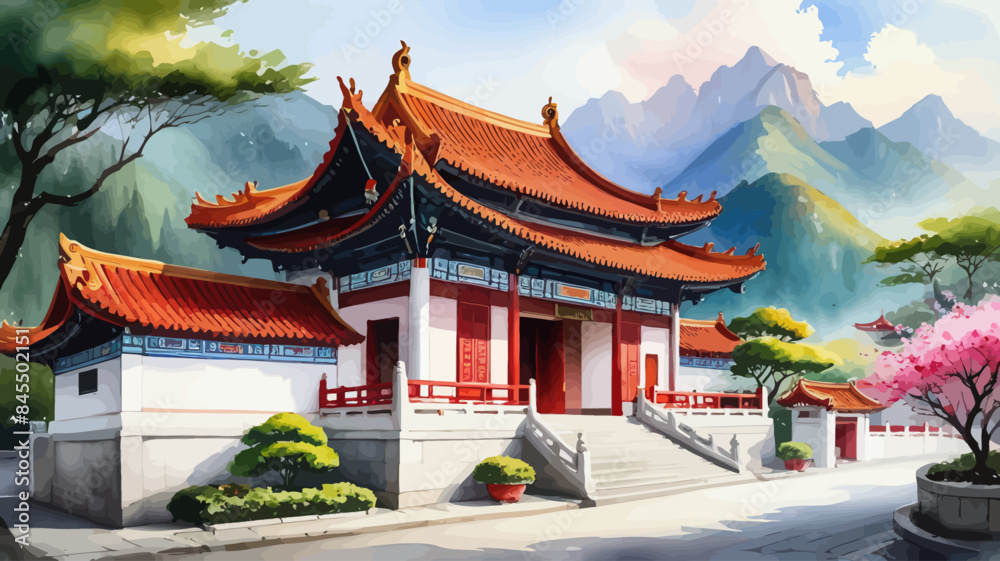 a painting of a chinese building with mountains in the background a painting of a chinese building with mountains in the background