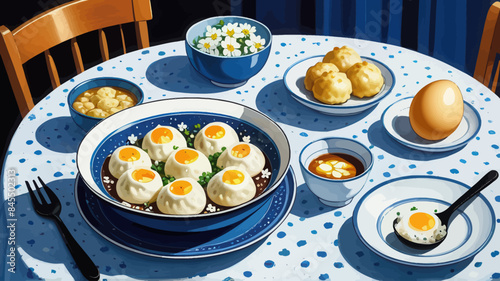 a table topped with plates of food and bowls of eggs