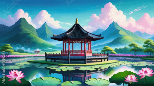 a painting of a pagoda in the middle of a pond