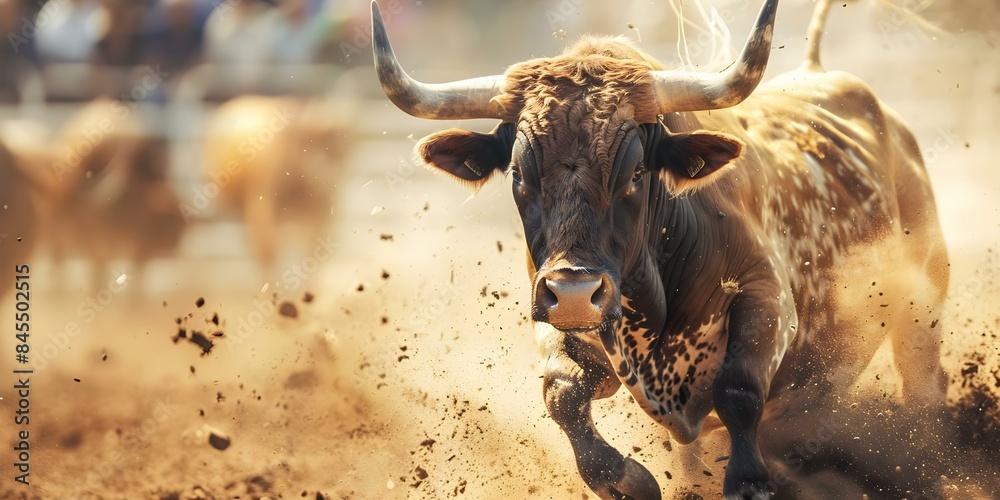 Exciting bull riding at a rodeo competition with intense bucking action. Concept Rodeo Thrills, Bull Riding, Intense Action, Rodeo Competition, Bucking Bulls Exciting bull riding at a rodeo competition with intense bucking action. Concept Rodeo Thrills, Bull Riding, Intense Action, Rodeo Competition, Bucking Bulls