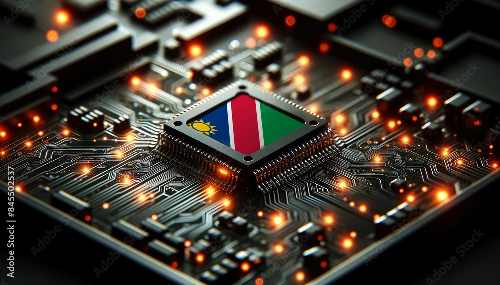 A microchip with the Namibia flag embedded on a circuit board, symbolizing Namibia technological innovation and advancement A microchip with the Namibia flag embedded on a circuit board, symbolizing Namibia technological innovation and advancement