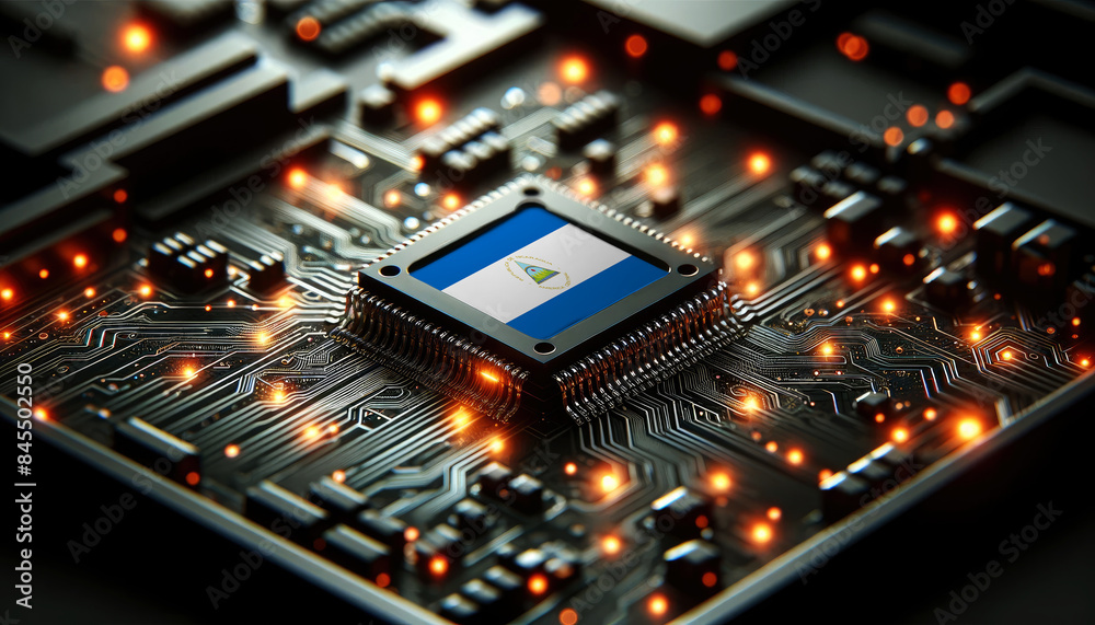 A microchip with the Nicaragua flag embedded on a circuit board, symbolizing Nicaragua technological innovation and advancement A microchip with the Nicaragua flag embedded on a circuit board, symbolizing Nicaragua technological innovation and advancement
