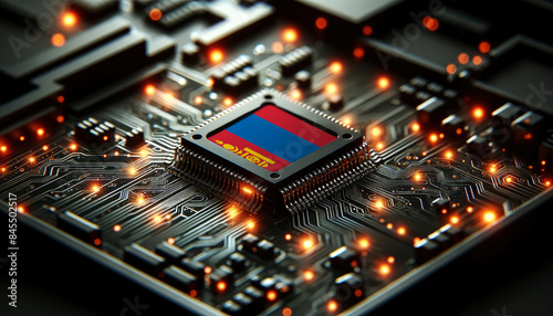 A microchip with the Mongolia flag embedded on a circuit board, symbolizing Mongolia technological innovation and advancement