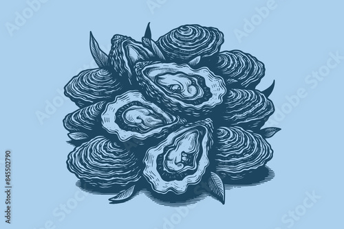 Oysters. vintage blue engraving illustration. isolated object. Icon, logo, emblem.