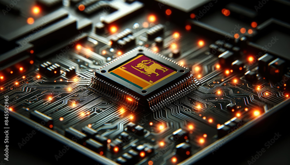 A microchip with the Sri Lanka flag embedded on a circuit board, symbolizing Sri Lanka technological innovation and advancement A microchip with the Sri Lanka flag embedded on a circuit board, symbolizing Sri Lanka technological innovation and advancement