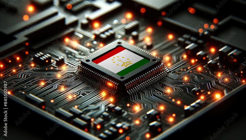A microchip with the Tajikistan flag embedded on a circuit board, symbolizing Tajikistan technological innovation and advancement A microchip with the Tajikistan flag embedded on a circuit board, symbolizing Tajikistan technological innovation and advancement