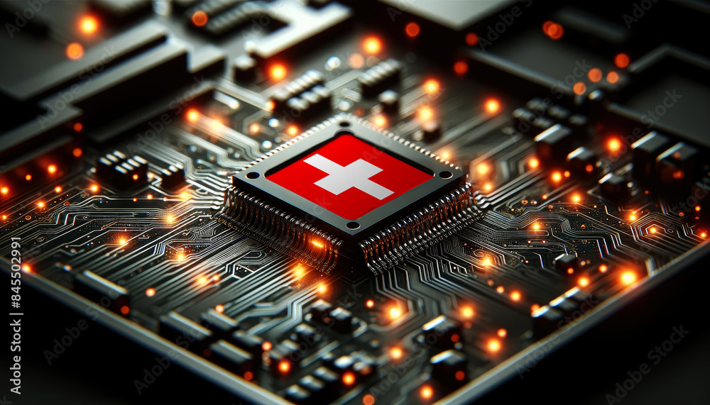 A microchip with the Switzerland flag embedded on a circuit board, symbolizing Switzerland technological innovation and advancement A microchip with the Switzerland flag embedded on a circuit board, symbolizing Switzerland technological innovation and advancement