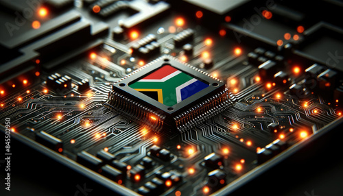 A microchip with the South Africa flag embedded on a circuit board, symbolizing South Africa technological innovation and advancement