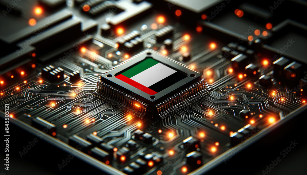 A microchip with the United Arab Emirates flag embedded on a circuit board, symbolizing United Arab Emirates technological innovation and advancement A microchip with the United Arab Emirates flag embedded on a circuit board, symbolizing United Arab Emirates technological innovation and advancement