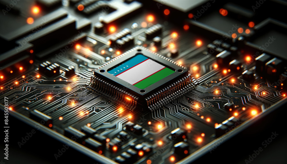 A microchip with the Uzbekistan flag embedded on a circuit board, symbolizing Uzbekistan technological innovation and advancement A microchip with the Uzbekistan flag embedded on a circuit board, symbolizing Uzbekistan technological innovation and advancement