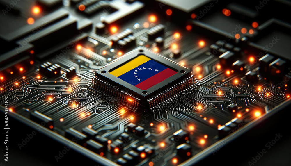 A microchip with the Venezuela flag embedded on a circuit board, symbolizing Venezuela technological innovation and advancement
