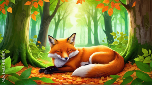 a painting of a fox laying in a forest