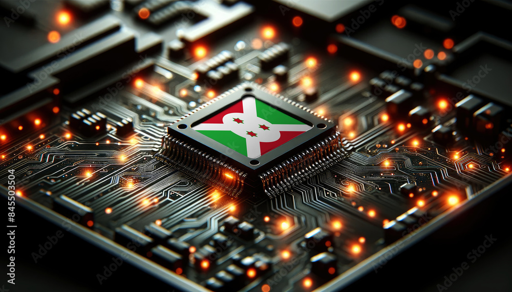 A microchip with the Burundi flag embedded on a circuit board, symbolizing Burundi technological innovation and advancement A microchip with the Burundi flag embedded on a circuit board, symbolizing Burundi technological innovation and advancement