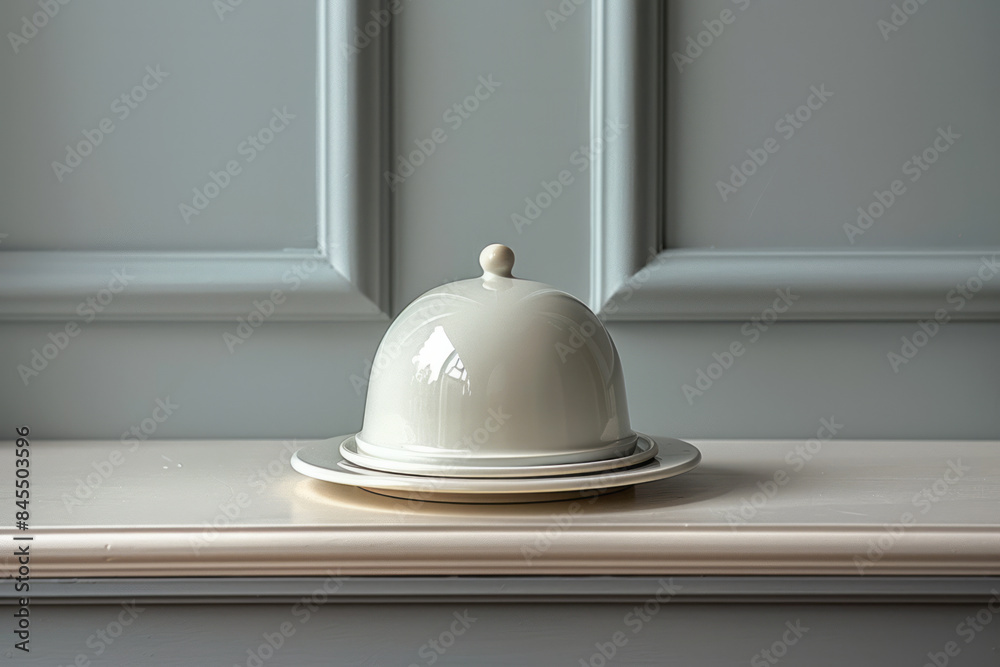 Minimal image of a plate with a small mirror under a cloche on a clean, light grey backdrop, Minimal image of a plate with a small mirror under a cloche on a clean, light grey backdrop,