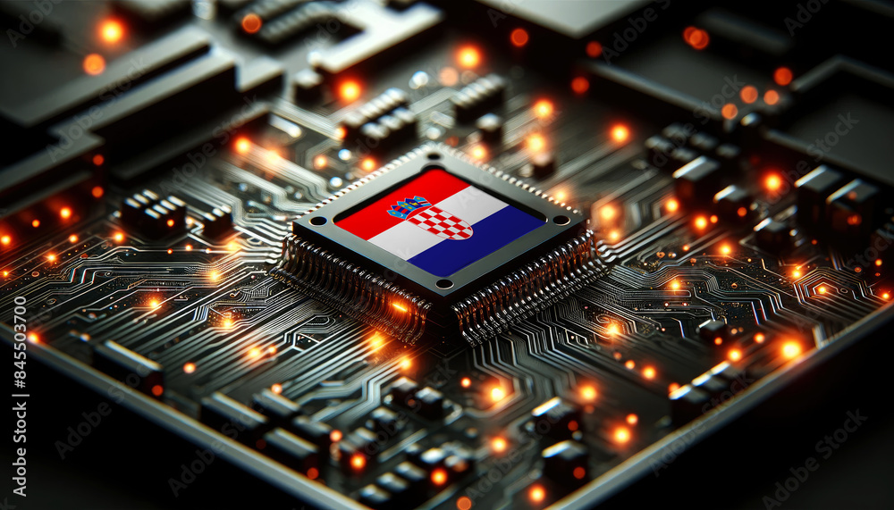 A microchip with the Croatia flag embedded on a circuit board, symbolizing Croatia technological innovation and advancement A microchip with the Croatia flag embedded on a circuit board, symbolizing Croatia technological innovation and advancement