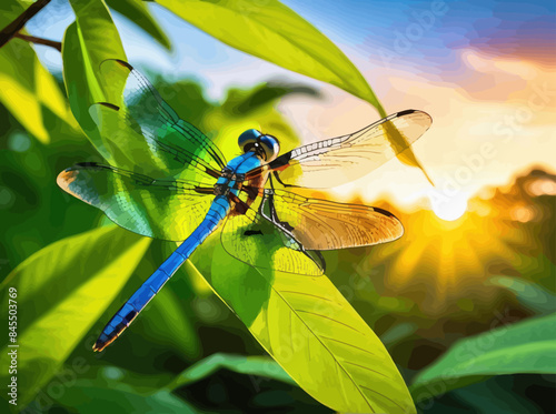 a couple of dragonflies sitting on top of a green leaf