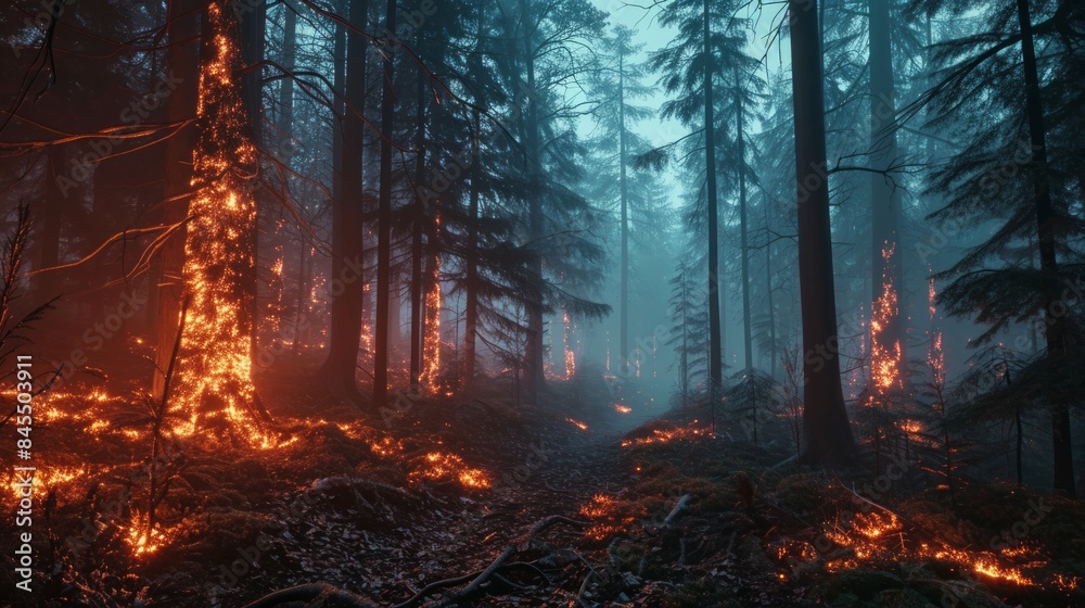Raging wildfire engulfing a dense forest, with flames leaping from the trees and smoke billowing into the sky. Raging wildfire engulfing a dense forest, with flames leaping from the trees and smoke billowing into the sky.
