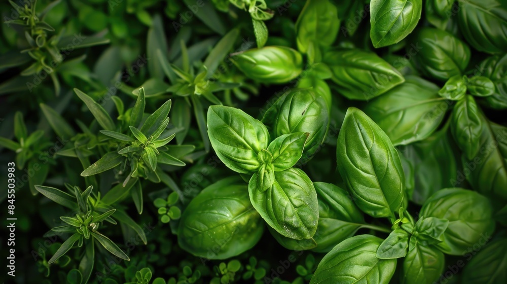 Herb Garden: Fresh Basil, Thyme, Mint, Rosemary, Dill. Green Herbal Plants on Healthy Background