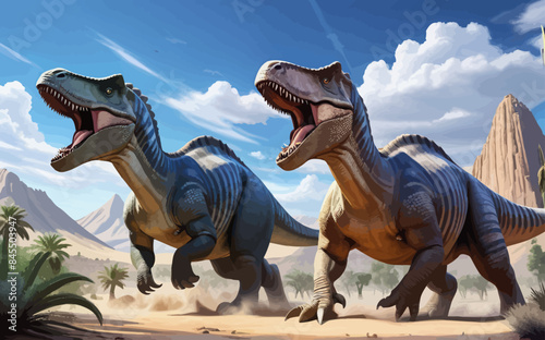 two large dinosaurs are walking in the desert