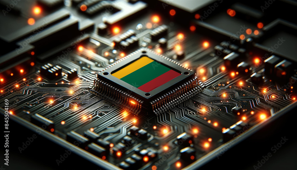 A microchip with the Lithuania flag embedded on a circuit board, symbolizing Lithuania technological innovation and advancement A microchip with the Lithuania flag embedded on a circuit board, symbolizing Lithuania technological innovation and advancement