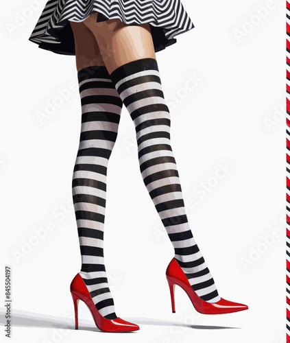 a woman in black and white striped stockings and high heels
