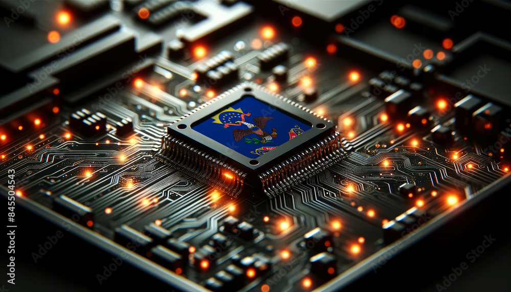 A microchip with the North Dakota flag embedded on a circuit board, symbolizing North Dakota technological innovation and advancement A microchip with the North Dakota flag embedded on a circuit board, symbolizing North Dakota technological innovation and advancement