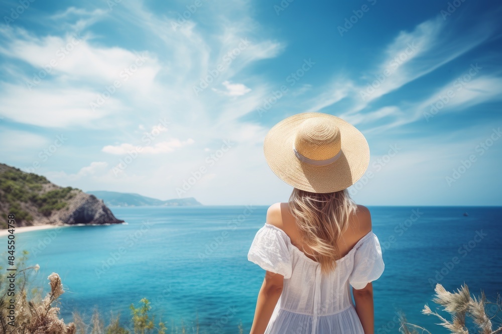 A beautiful young woman with long hair, wearing a straw hat and a white dress on the background of the sea, a view from the back. A beautiful young woman with long hair, wearing a straw hat and a white dress on the background of the sea, a view from the back.