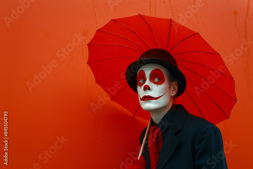 Elegant image of a mime artist with an invisible umbrella, set against a minimalist backdrop,