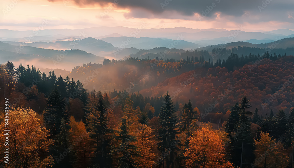 A beautiful autumn scene with a mountain range in the background