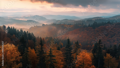 A beautiful autumn scene with a mountain range in the background