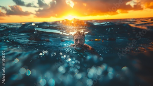 Mature Man Swimming in Ocean During Sunset Wearing Wetsuit photo
