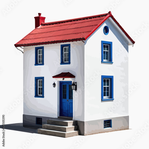 a white house with a red roof and blue windows