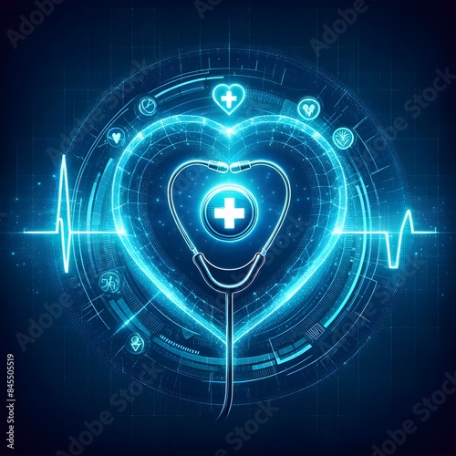 Futuristic digital stethoscope with heart shape and medical symbols on a dark blue background. Healthcare technology and innovation concept for design and print