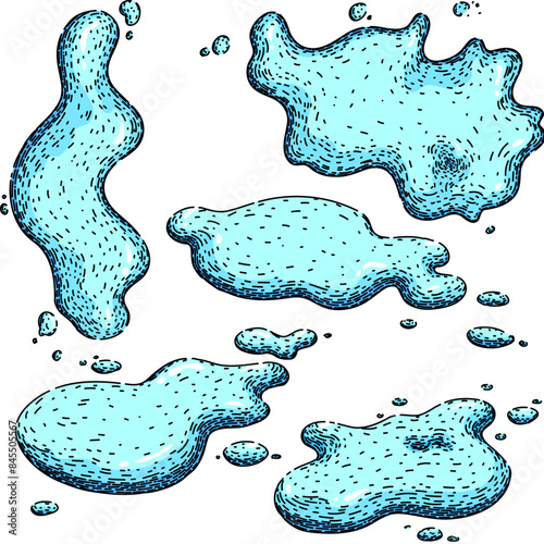 water puddle set hand drawn. spill isolated, rain wet, splatter pool water puddle vector sketch. isolated color illustration