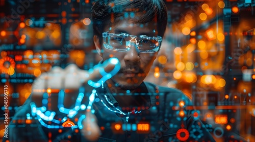 Man wearing augmented reality glasses interacting with a futuristic digital interface. Advanced technology and innovation concept for design and print